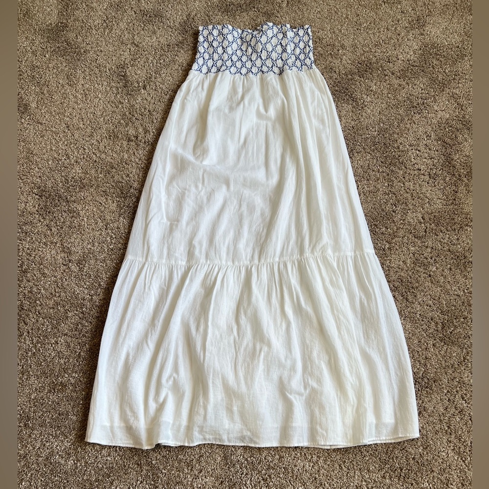 Loft Plus Blue White Embroidered Smocked Strapless Maxi Dress XXL NEW Tiered